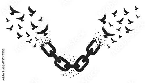 Symbolic silhouette of a broken chain transforming into a flock of birds flying away against a white background representing freedom escape and new beginnings with a powerful