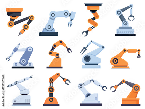 Industrial robotic arm. Conveyor flat hands, modern technologies and automated system for manufacturing. Robot worker, manipulators, sapid vector clipart