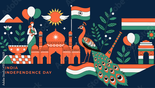 Vibrant indian independence day vector illustration celebrating national pride with iconic symbols like the peacock national flag historical monuments and festive balloons