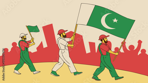 Celebration of labour day in pakistan with workers marching proudly holding national flag and smaller green flags symbolizing unity and national pride amidst a stylized urban