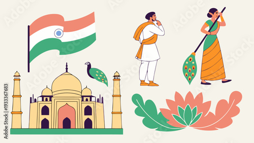 Vibrant vector illustration celebrating indian culture and independence day with iconic taj mahal fluttering national flag traditional attire figures peacock and lotus flowers