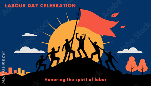 Diverse group of silhouetted workers raising a red flag atop a hill celebrating labor day with a bright sunburst and cityscape in the background symbolizing unity and achievement