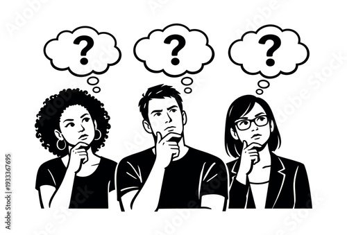 Diverse team of people with thought bubbles and question marks, collaborating, pondering, and problem-solving together