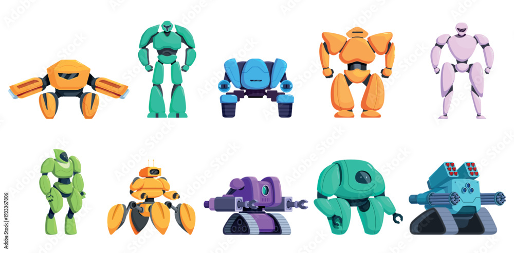 Naklejka premium Cartoon transformers. Futuristic cyborgs, various android transformer character. Creative soldier from future in neo armor, ai electronic warriors sapid vector set