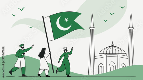 People celebrating Pakistan Independence Day with flag and mosque illustration, national pride and unity concept, flat design.