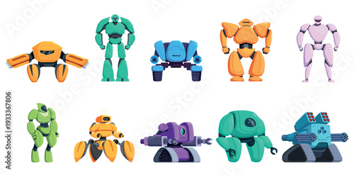 Cartoon transformers. Futuristic cyborgs, various android transformer character. Creative soldier from future in neo armor, ai electronic warriors sapid vector set