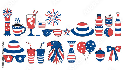 Set of American patriotic icons and symbols for Independence Day, featuring an eagle, sunglasses, hats, drinks, and festive decorations.
