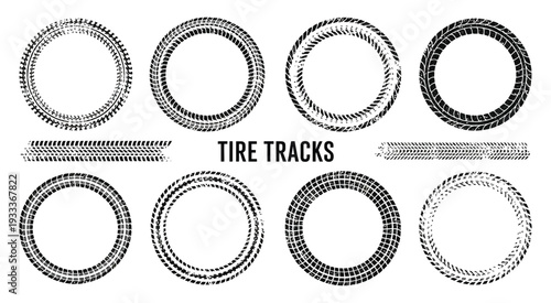 Grunge Circle Tire Tracks Vector Set with Wheel Braking Marks, Truck, Car and Motorcycle Tread Pattern Silhouettes for Auto Race, Motorsport and Speed Racing Design
