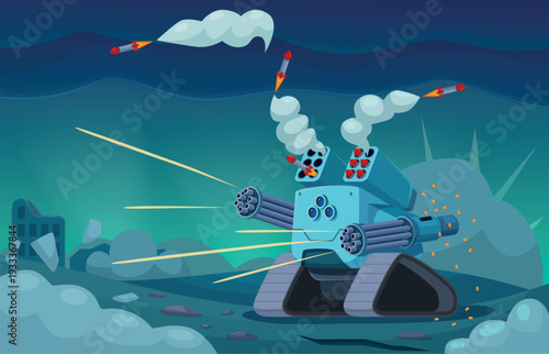 Transformer battle. Future warrior, android shoots multiple bullets. Futuristic technologies war scene, destruction and smoke. Cyborg army character sapid vector scene