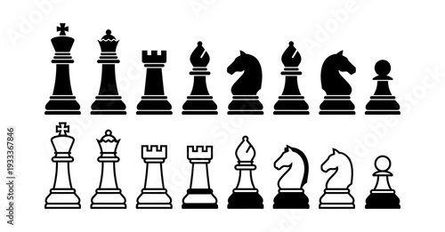 Chess icon set illustrating game pieces king, queen, rook, bishop, knight, and pawn for strategy, intellect, and tactics