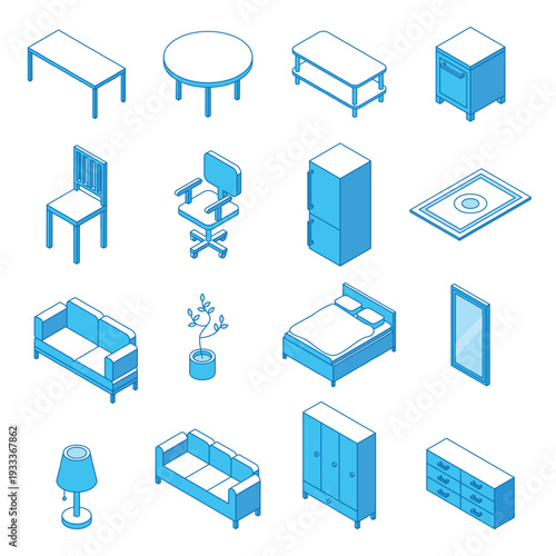 Wallpaper Mural Isometric line home furniture. Living and bedroom accessories. 3d bed sofa, wardrobe chair and tables. Office room elements, home interior nifty vector set Torontodigital.ca