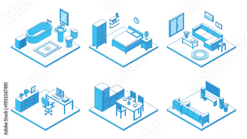 Isometric line house rooms. Home interiors, bedroom, living room and office, bathroom. 3d furniture, apartment constructor elements, nifty vector scenes