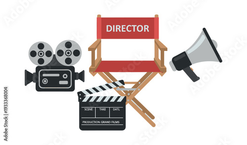 Film production equipment illustrating filmmaking process with a director chair, film camera, clapperboard, and a megaphone