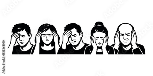 Group of diverse people suffering from various types of headaches, hands on temples or forehead, depicting stress, pain, and discomfort