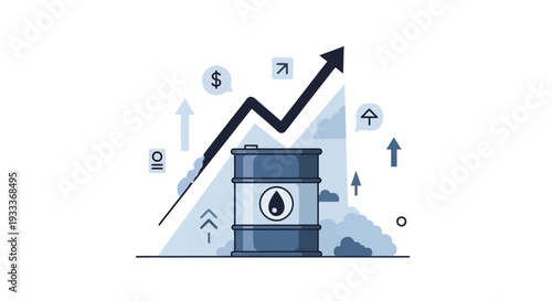 Oil barrel with rising graph and financial symbols.