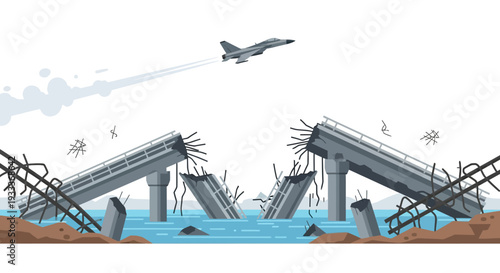 Damaged bridge over water with aircraft flying overhead.