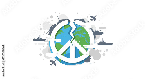 Peace symbol with broken earth surrounded by war elements.