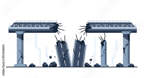 Damaged concrete pillars with cracks and debris under a damaged bridge.