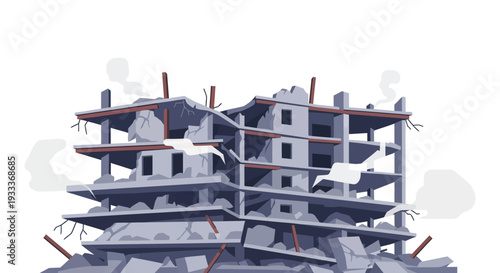 Damaged building structure with exposed rebar and debris.