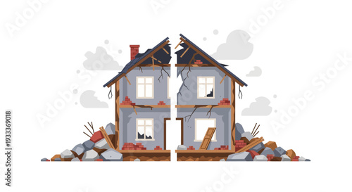 Damaged House Split into Two Halves Showing Destruction and Debris.
