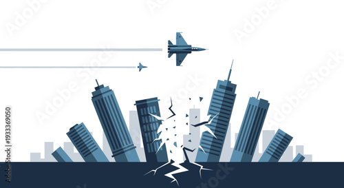 Cityscape destruction with fighter jets flying overhead in a dramatic scene.