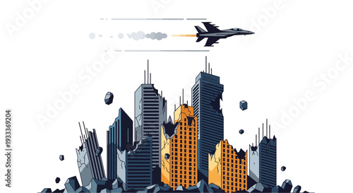 Futuristic cityscape with flying jet and modern skyscrapers.