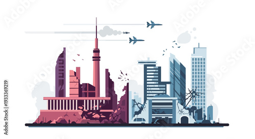 Vibrant City Skyline with Iconic Landmarks and Airplanes.