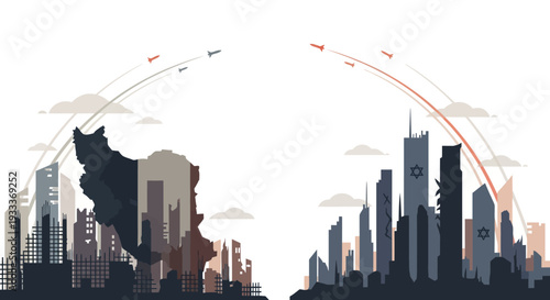 Modern cityscape with abstract architectural silhouettes and dynamic motion lines.