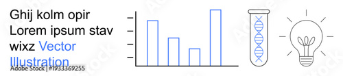 Science, innovation, education, progress, genetics, data analysis. A bar graph, a DNA strand in a test tube and a light bulb scientific development. Science and innovation concept