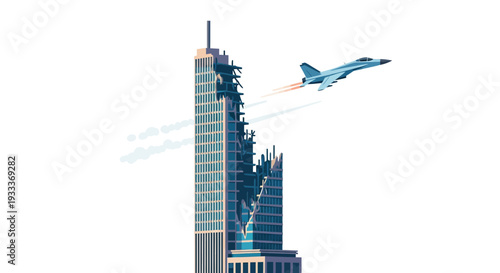 Modern skyscraper with jet flying nearby.