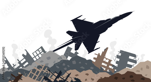 Military Aircraft Flying Over Destroyed Cityscape in War.