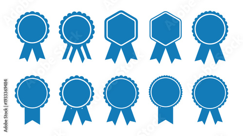 Medal Set with Ribbon Featuring Blue Award Badges, Flat Style Vector Seal Collection for Achievement, Certification, Competition and Recognition Design Projects