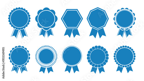 Medal Set with Ribbon Featuring Blue Award Badges, Flat Style Vector Seal Collection for Achievement, Certification, Competition and Recognition Design Projects