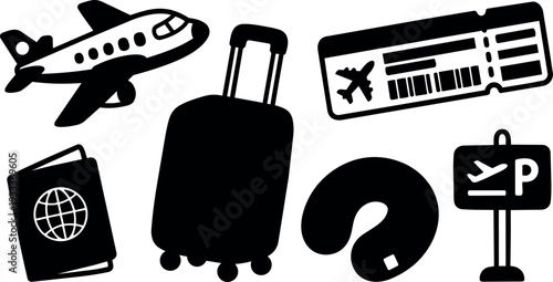 Flat design travel icons set airplane suitcase passport boarding pass neck pillow airport parking sign black silhouettes vector clipart collection