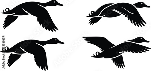 Flying duck silhouettes collection, waterfowl mallard vector icons, bird flight elements, black set, cad drawing flat vector illustration.