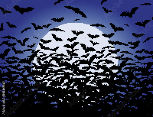 A Pixel landscape with bats and full moon.
