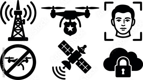 Flat design black icon set showing hovering surveillance drone with police badge facial recognition antenna satellite no drone zone cloud lock security vector
