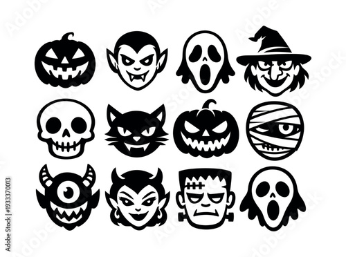 Halloween characters creating a collection of spooky faces for holiday design, featuring traditional monsters and symbols