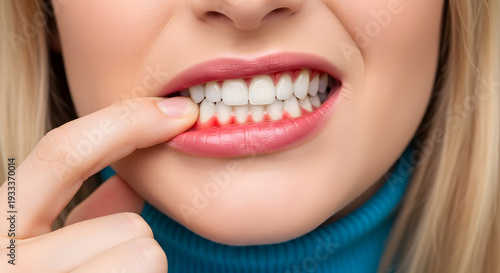Close up of woman showing inflamed red gums and bleeding gingivitis | Oral hygiene and dental healthcare concept | Periodontal disease symptoms | Sensitive teeth and painful gum inflammation