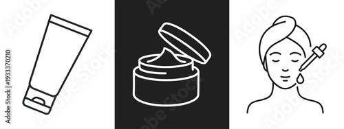 Black and white line drawing of beauty product tube, jar, and woman with brush