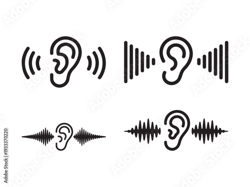 Four black line of human ears with sound waves line human ear audio hearing