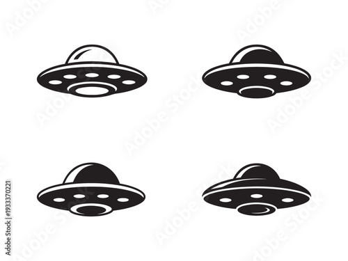 Four black and white flying saucers on white background ufos spacecraft alien ships