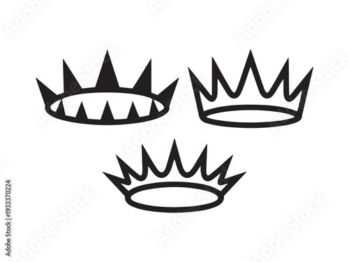 Three black outline crowns on white background royal