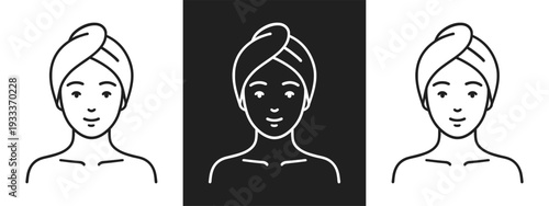 Line art of women with towels on their heads in different skin tones