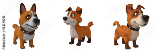 Cute Cartoon Brown Dog Character Mascot Set Isolated on White Background, Happy Jack Russell Terrier Puppy Poses with Collar, Friendly 3D Canine Illustration for Pet Care and Kids Design PNG