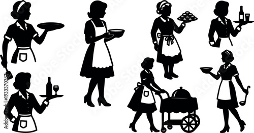 Retro silhouette vector set showing vintage waitress figures serving food and drinks with aprons trays and serving cart close up