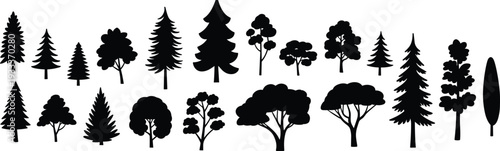 Tree silhouettes collection, pine spruce and deciduous forest vector icons, nature elements set, cad drawing flat vector illustration.