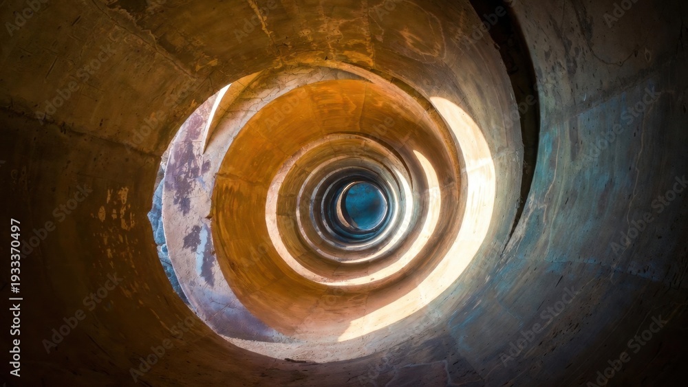 Fototapeta premium Concrete spiral shaft with light rings inside cylindrical structure.