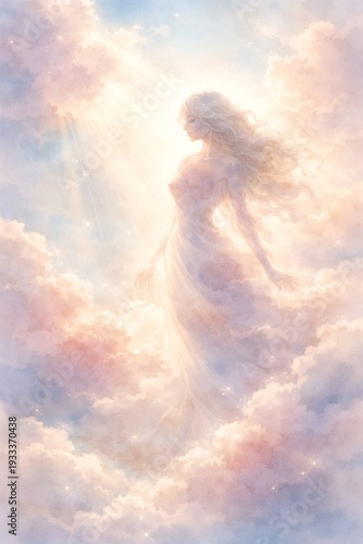 Woman in dress floating on clouds with sunlight, ethereal illustration