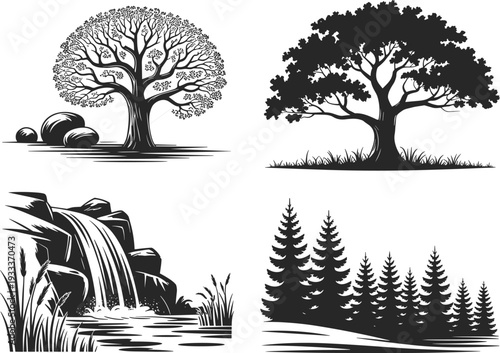 Nature landscape elements collection, tree and waterfall vector icons, woodland scenery set, cad drawing flat vector illustration, black.
